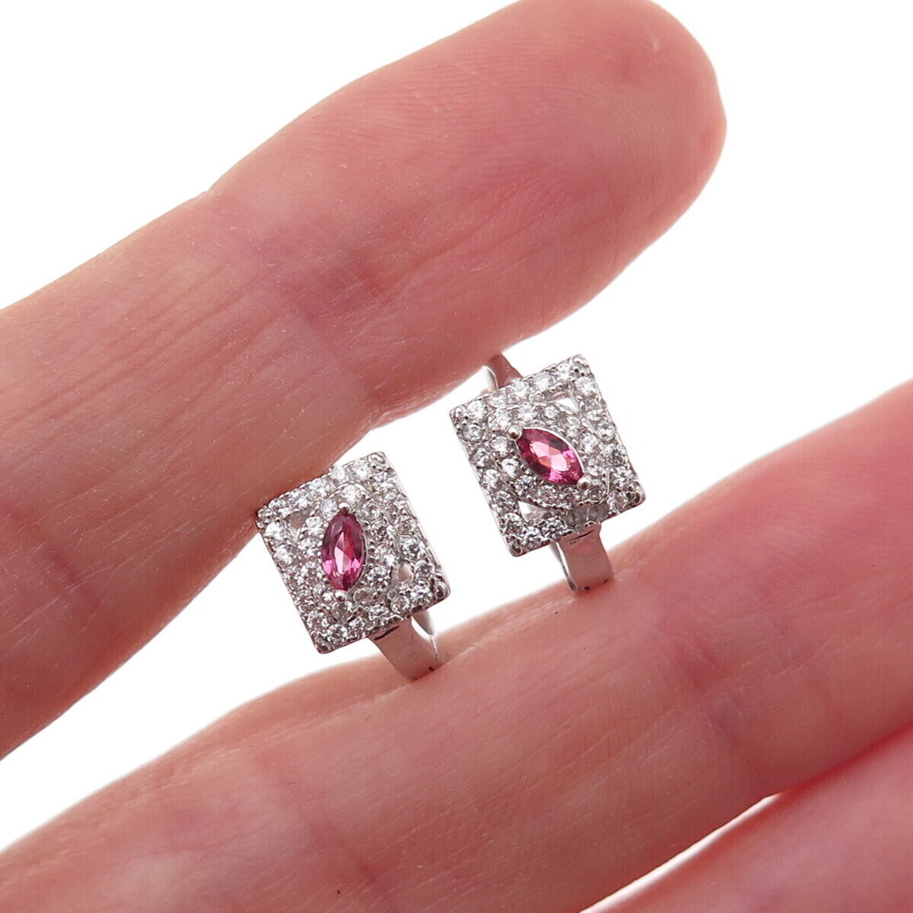 925 Sterling Silver Pink & White C Z Hoop Earrings